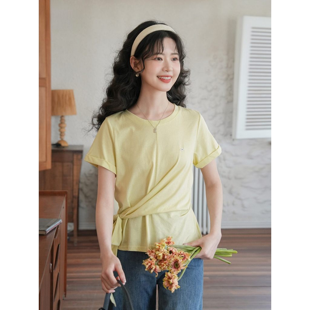 Mutu Nẹp Áo Nữ Mùa Hè Băng Cao Cấp, Cổ Tròn, Uốn Áo Thun Ngắn Tay, Phong Cách Sang Trọng