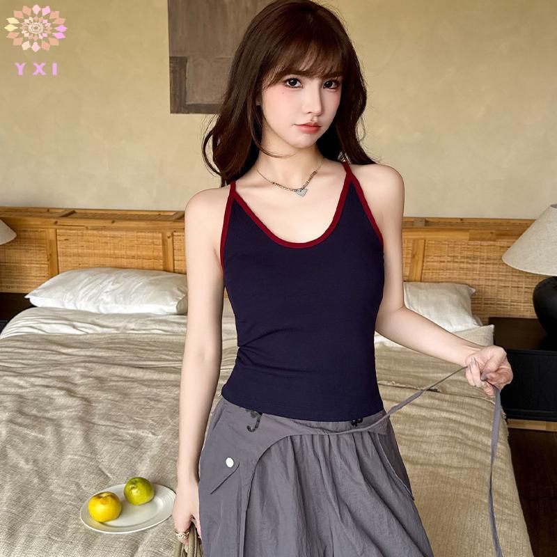 Áo hai dây mỏng màu tương phản, có miếng đệm ngực - Thời trang mới
