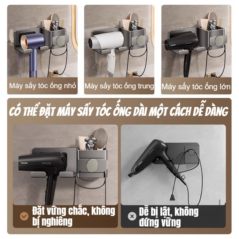 Giá Kệ để Máy Sấy Tóc Nhà Tắm, Nhôm Không Gian Cao Cấp, Chống Gỉ, Chịu Tải Tốt, Có Kệ để đồ