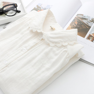 Sẵn sàng - Áo sơ mi nữ 100% cotton cổ búp bê viền ren, phong cách mới cho mùa thu, thiết kế đơn giản với tone màu trơn.