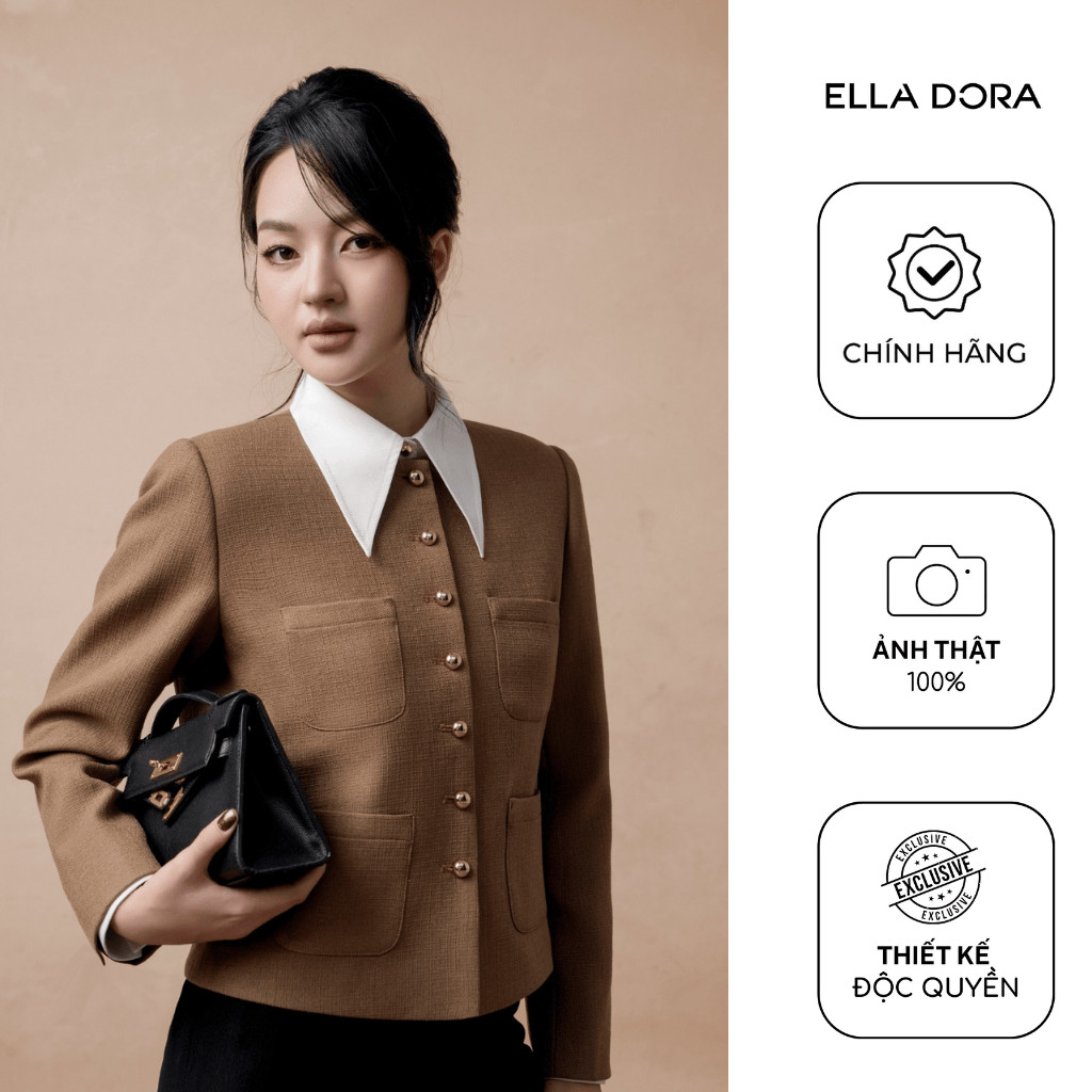 Áo khoác nữ ELLA DORA dạ Tweed form chuẩn 4 túi trước cúc đồng thanh lịch phong cách công [K15]