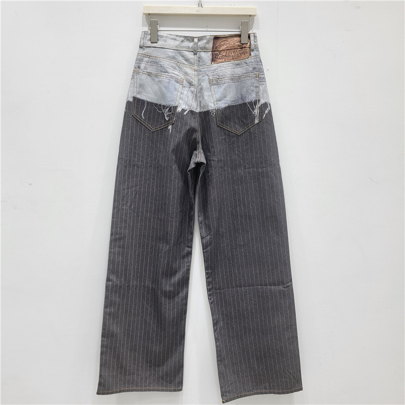 Màu xám - Blocking túi in sọc giả jeans nữ ống rộng thoải mái cho ngày thường