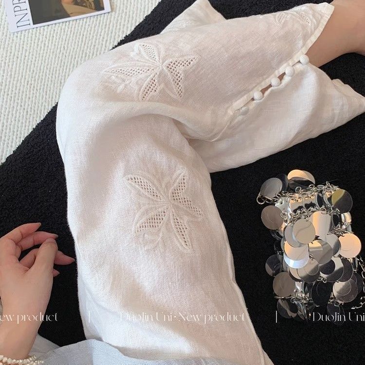 Quần nữ siêu mỏng phong cách Hàn Quốc, thêu màu hồng, thiết kế thoáng mát cho mùa hè