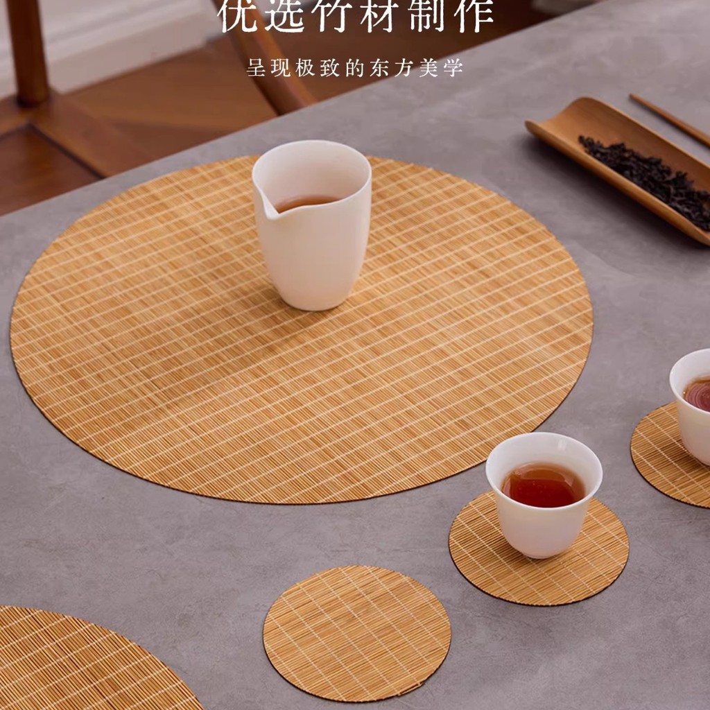 Thảm Trà Tre Tròn Phong Cách Thiền Zen Lót Ly Mây Tre Đan Trang Trí Bàn Trà Wabisabi Tấm Lót Chống Bẩn Cao Cấp Dễ Dàng Vệ Sinh