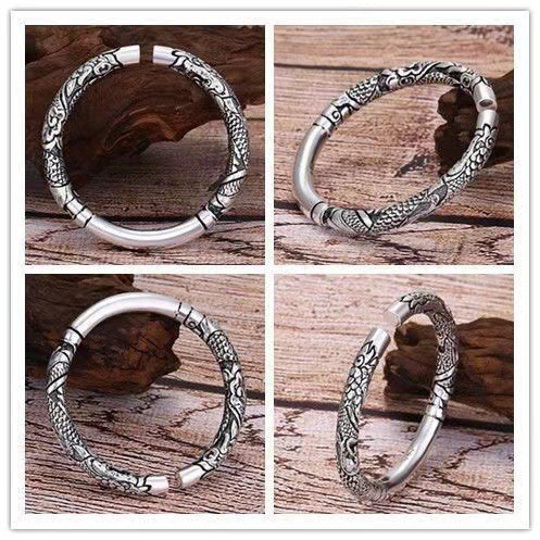 Vòng tay đôi rồng họa tiết nổi phong cách retro, hợp kim mạ điện unisex