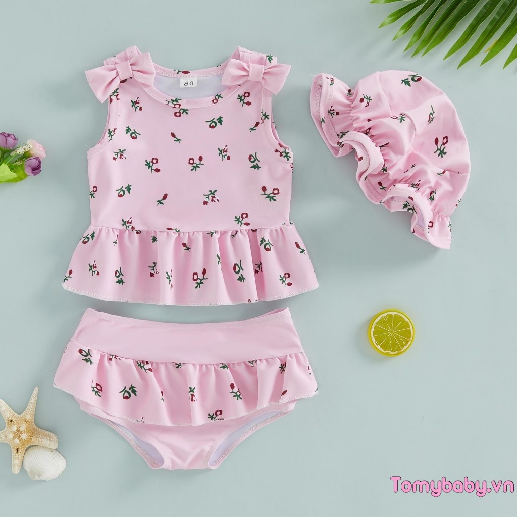 Đồ bơi bé gái mới biết đi Áo bơi xù không tay + Quần + Mũ chống nắng 3 chiếc Bộ đồ tắm trang phục