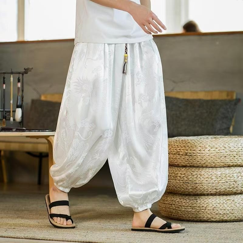 Quần harem dáng rộng họa tiết rồng Trung Quốc, thời trang cho nam