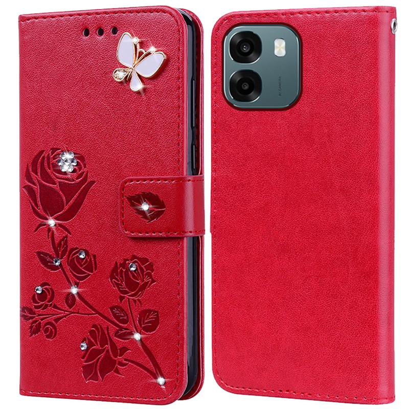 Kim Cương Dập Nổi In Hoa Hồng Ốp Lưng Điện Thoại OPPO A6 A6x 5G 4G Sách Da Full Silicone Cover