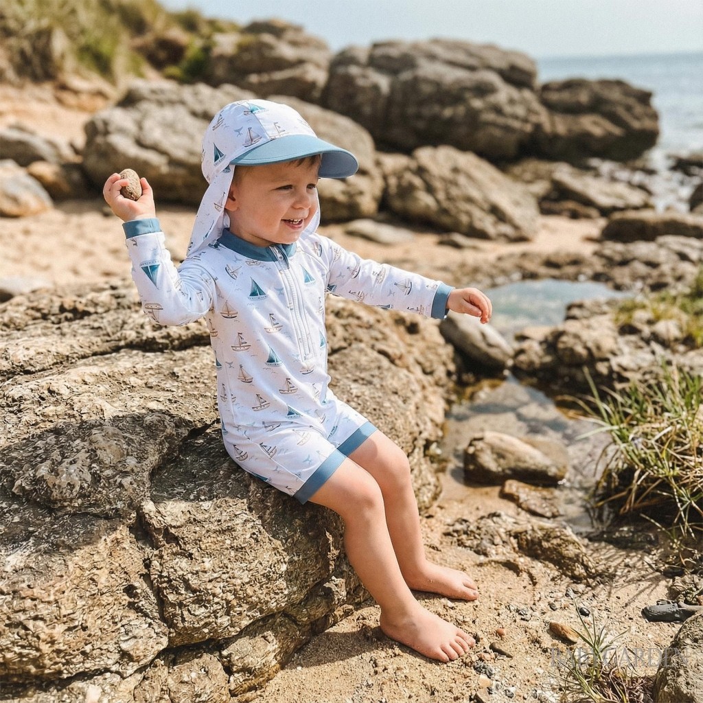 Bộ đồ bơi bé trai 3M-5Y dành cho trẻ em Bộ áo liền quần cổ tròn dài tay in hình thuyền buồm đáng yêu cho bãi biển hồ bơi