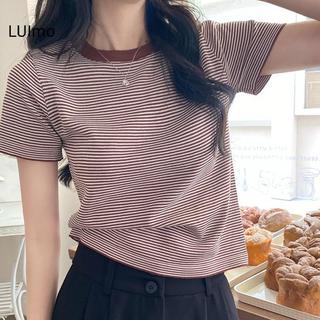 Áo thun nữ mùa hè sọc tay ngắn, chất liệu dệt kim với chi tiết băng lụa, thoải mái cho hàng ngày
