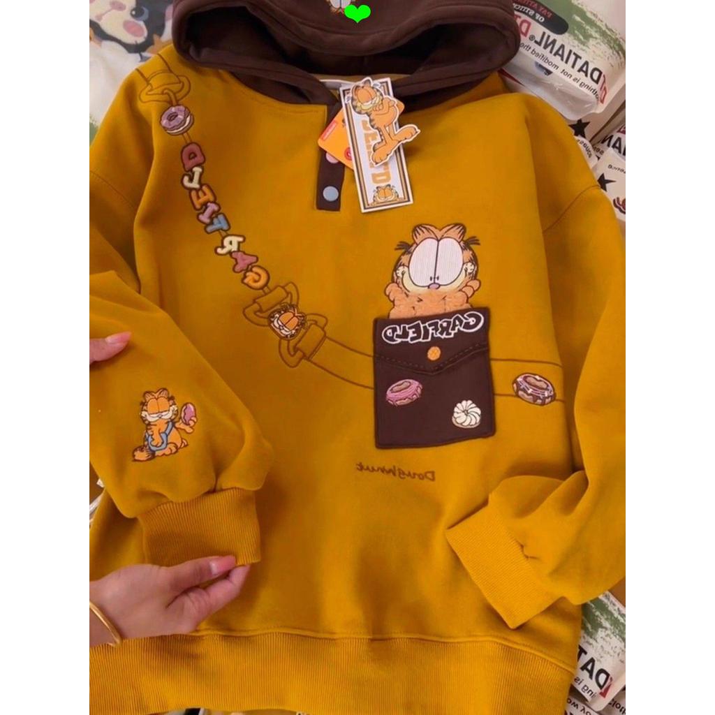 Áo nỉ có mũ trùm đầu lông cừu thêu Retro Garfield dày dặn Laz