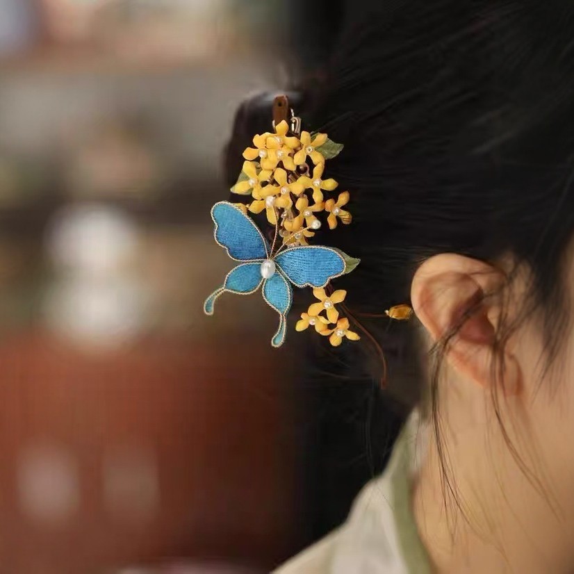 Xanh Flannel Lá Tre Kẹp Tóc Handmade Filigree Hoa Cuộn Tóc Qinghan Cô Dâu Trung Quốc Đám Cưới Xiuhe Tóc 26.1.26