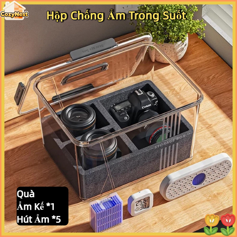 Hộp Chống Ẩm Trong Suốt - Full Phụ Kiện (Ẩm Kế *1+Hút Ẩm *5), Lót Chống Sốc, Bảo Vệ Máy Ảnh Tối Ưu