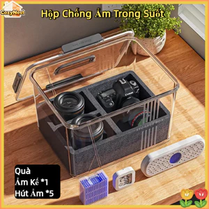 Hộp Chống Ẩm Trong Suốt - Full Phụ Kiện (Ẩm Kế *1+Hút Ẩm *5), Lót Chống Sốc, Bảo Vệ Máy Ảnh Tối Ưu