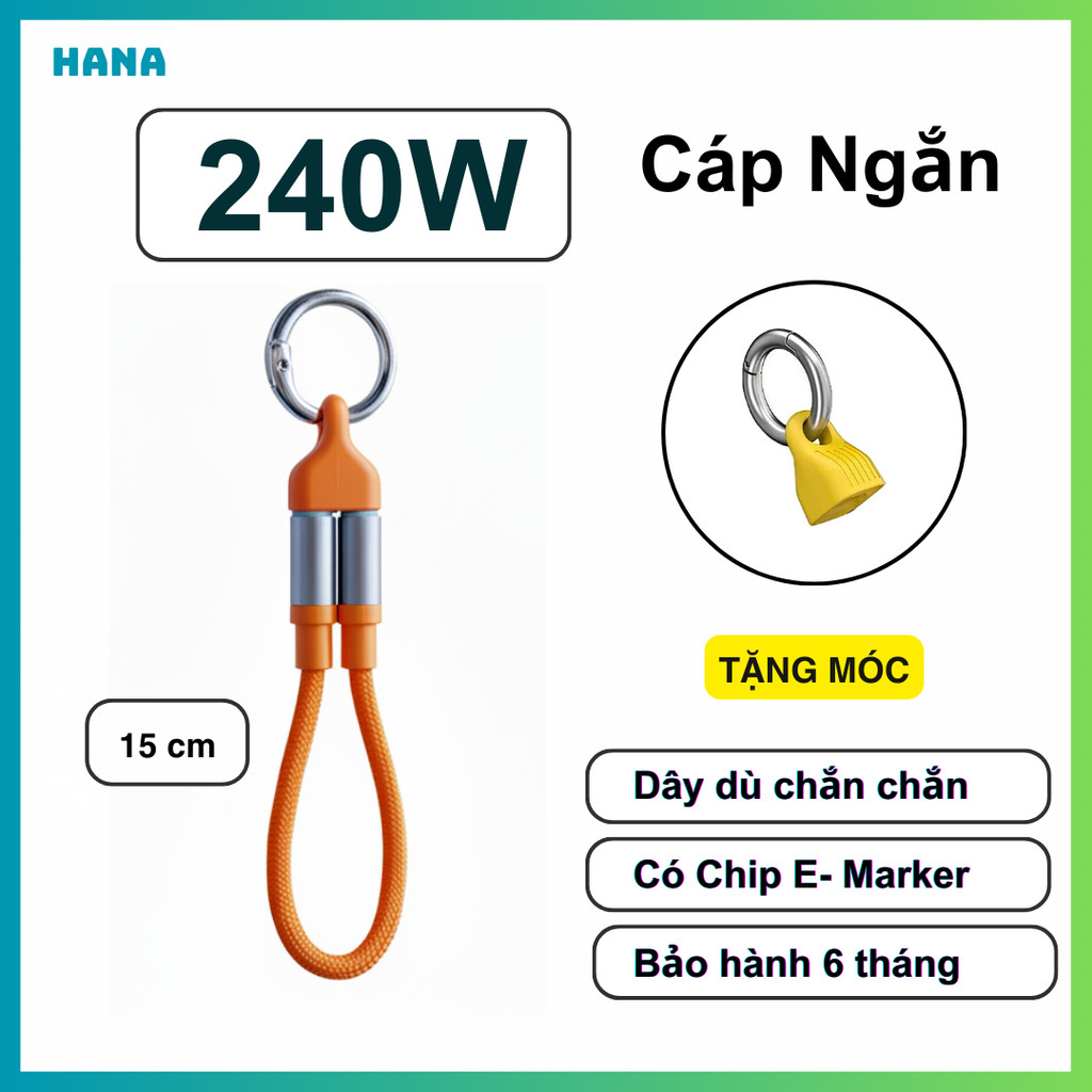 Cáp Sạc Ngắn 15cm 240W Từ Tính Hai Đầu – Kèm móc treo -  Sạc Nhanh - Bảo hành 6 tháng