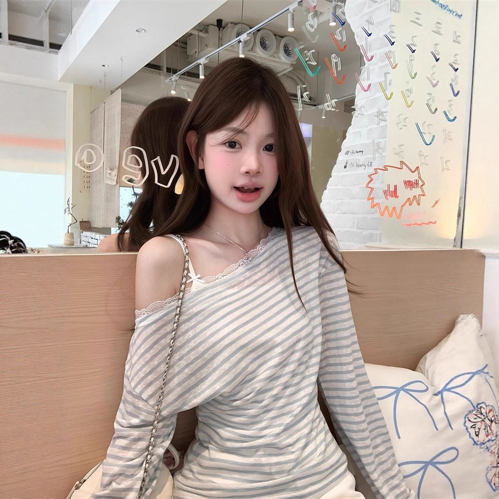 Sơ mi sọc vai áo thun nữ thu đông, phong cách Hàn Quốc, ômbody thời thượng