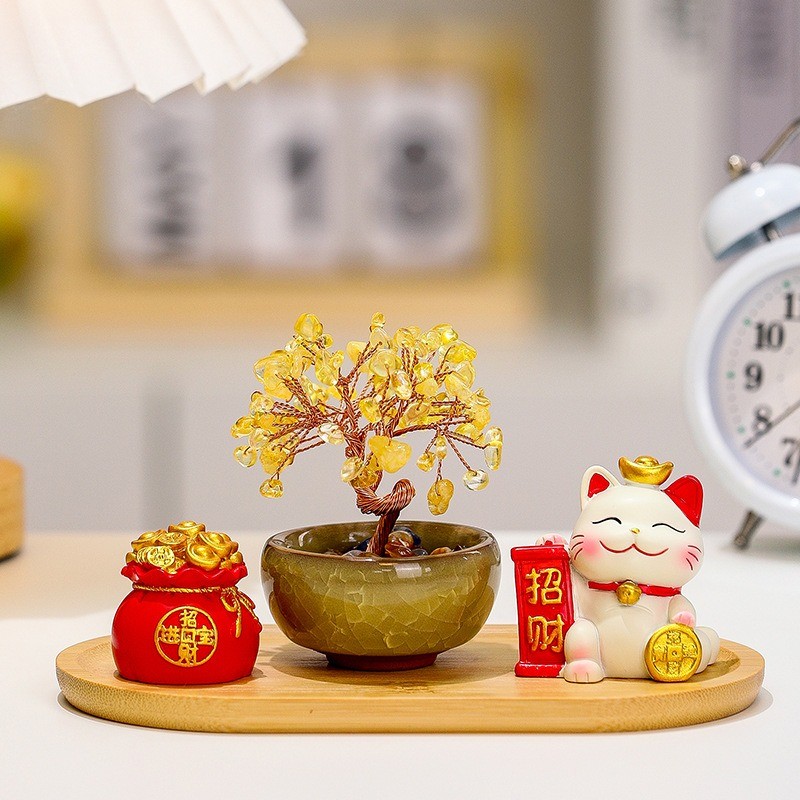Set Cây Tài Lộc Mèo Thần Tài Thùng Vàng Phong Thủy Cao Cấp - Bộ Decor Bàn Làm Việc Quà Tặng Khai Trương Thu Hút Tài Lộc