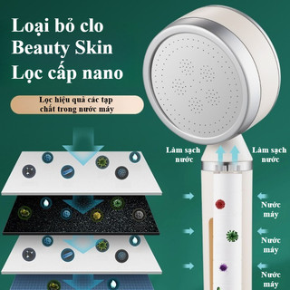 Vòi sen lọc nước tăng áp màu hồng kem, chất liệu ABS bền, phun nước tăng áp, tặng kèm 3 lõi lọc
