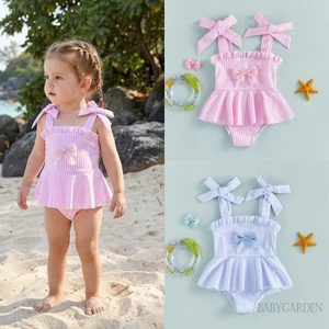 0M-3Y Tập Đi Bé Gái Một Mảnh Đồ Bơi Sọc Dễ Thương In Hình Không Tay Dây Buộc Vai Tắm Đồ Bơi