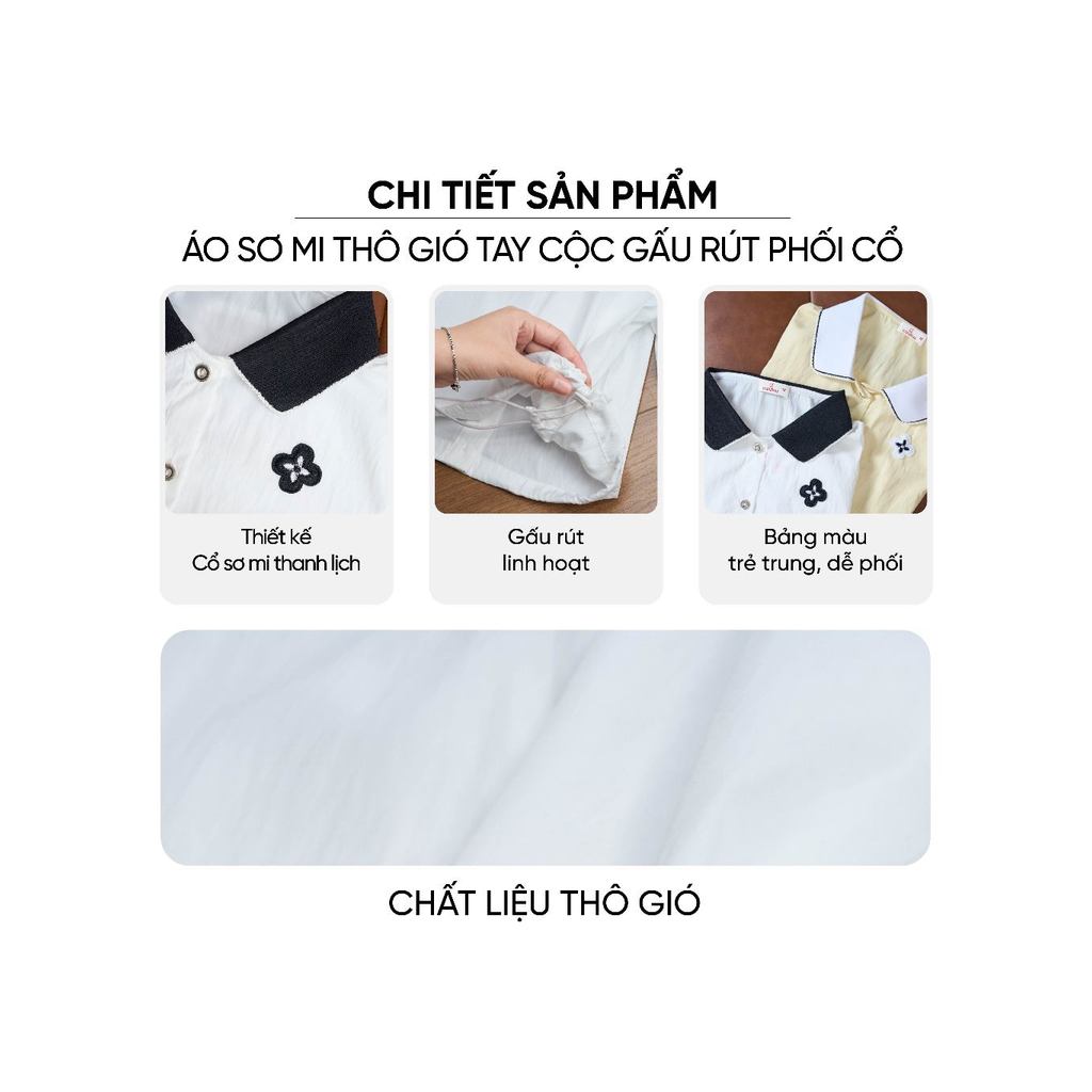 Áo sơ mi nữ CARDINA chất thô gió tay cộc gấu rút phối cổ 6ASC03
