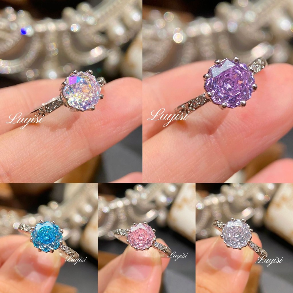 Nhẫn thời trang với aquamarine và đá quý carbon cao cấp, họa tiết hoa hồng và hình bát giác thủ công, màu xanh lá và tím rực rỡ