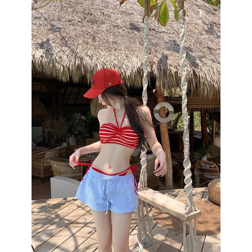 Bikini ba mảnh sọc đỏ retro cao cấp, phù hợp mùa xuân