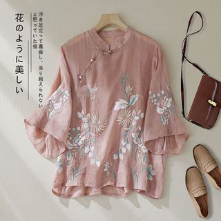 Áo sơ mi nữ đứng cổ phong cách retro, thêu nút trà, mát mẻ mùa hè