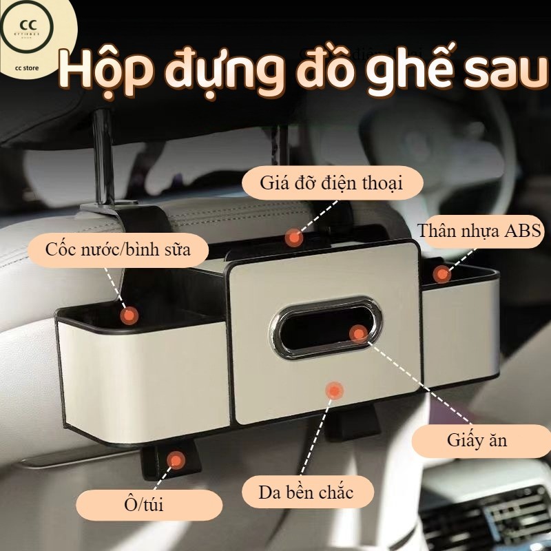 Hộp đựng đồ Ghế Sau (xe ô Tô) đa Năng Giá đỡ điện Thoại đựng Bình Nước Khăn Giấy Da PU Khay để Cốc