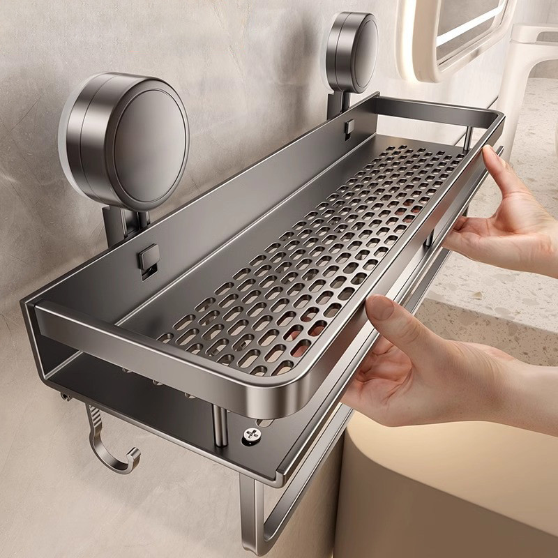 Kệ để đồ nhà tắm hút chân không kèm móc treo khăn,đa chức năng,thép Carbon, chịu lực tốt,Không cần khoan