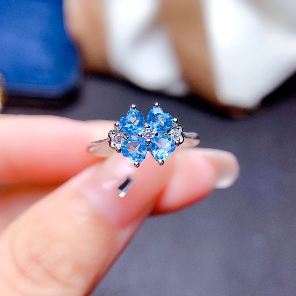 Nhẫn cỏ ba lá bốn lá màu xanh topaz, thiết kế Thụy Sĩ, dễ điều chỉnh cho nữ