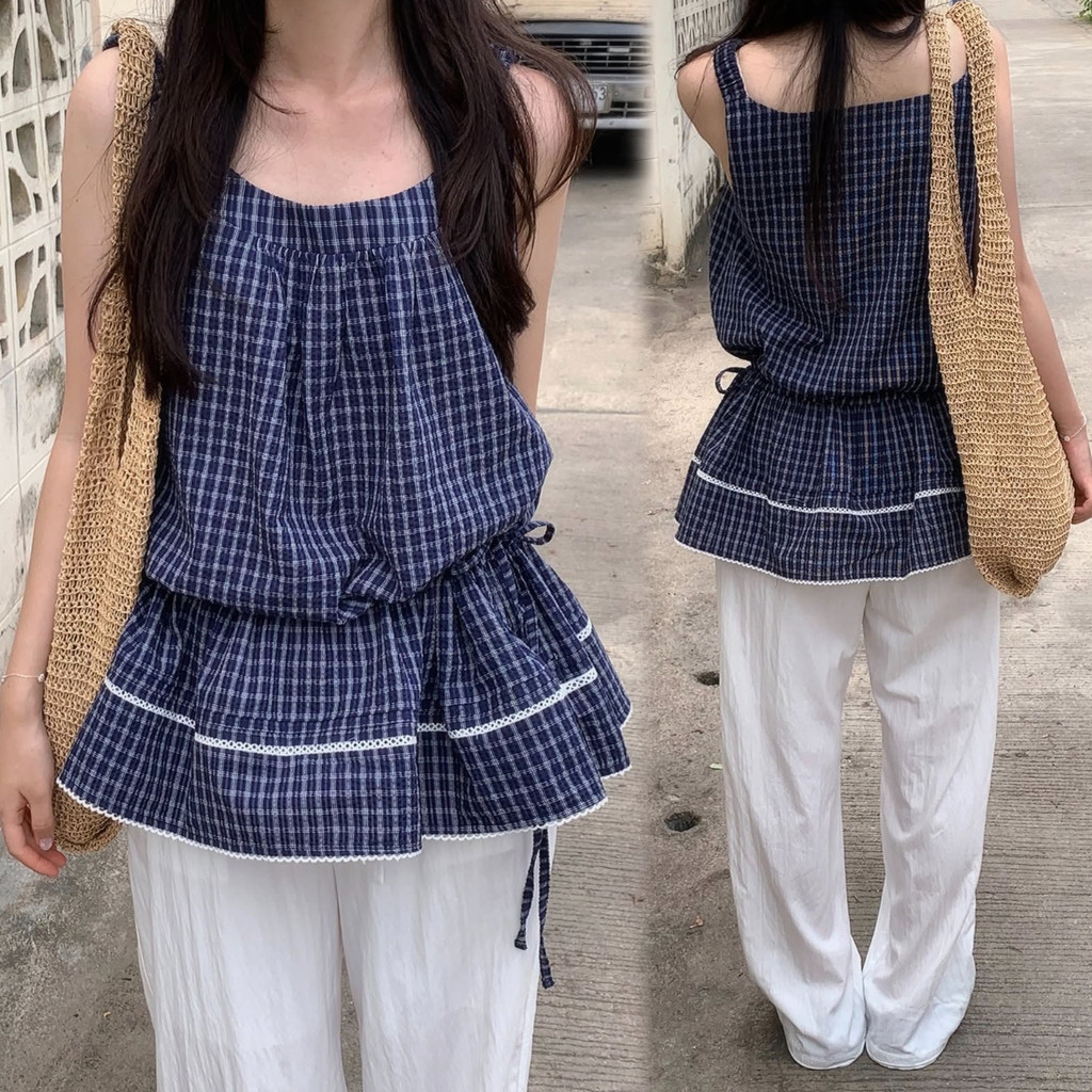 SUXI Áo sơ mi dây rút không tay kẻ sọc ngọt ngào phong cách mới mùa hè dành cho nữ Hàn Quốc 260317