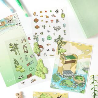 ENWEI 3 Cái [Giải Trí Bốn Chương Series] Nhãn Dán Phong Cảnh 3D Dừa Chống Thấm Nước Kỳ Nghỉ Kỳ Nghỉ Tre Zen Retreat Đề Can Chủ Đề Cho Sổ Lưu Niệm Nhật Ký