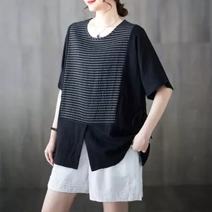 Áo thun ngắn tay bằng vải lanh cotton lụa băng mới mùa hè dành cho nữ, áo thun sọc giản dị phong cách cổ điển dành cho nữ