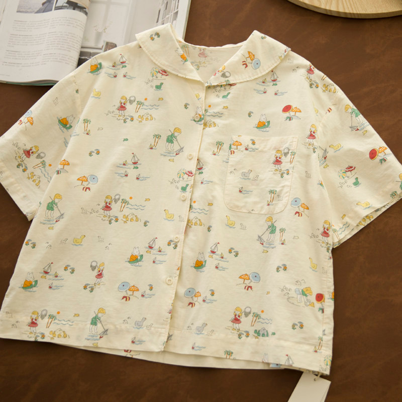 Áo sơ mi cotton cổ hải quân dáng rộng retro, phù hợp cho sinh viên