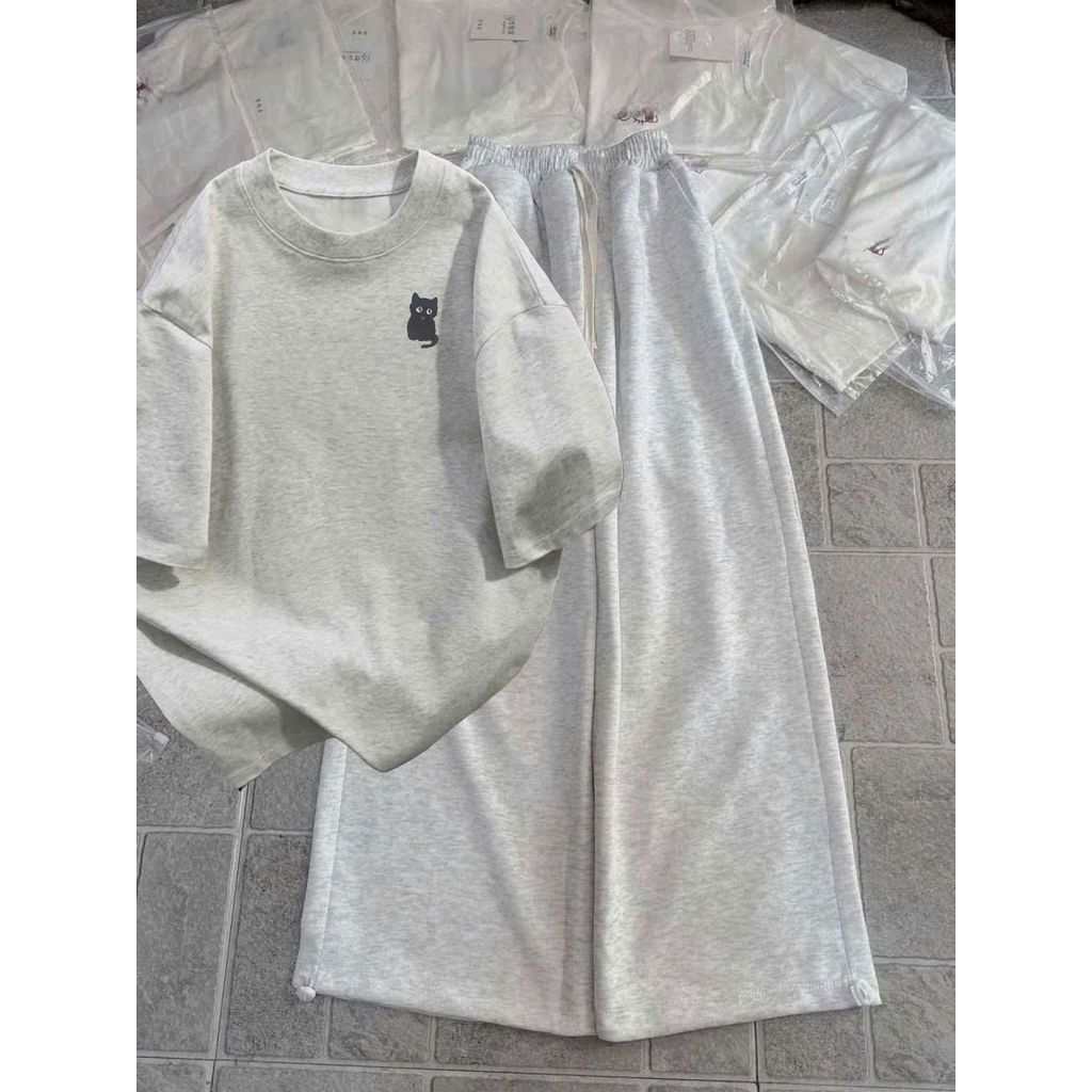 Bộ quần ống rộng da cá xám tiêu dài + phối áo phông form rộng unisex hình con CÚ-thoitragthubio