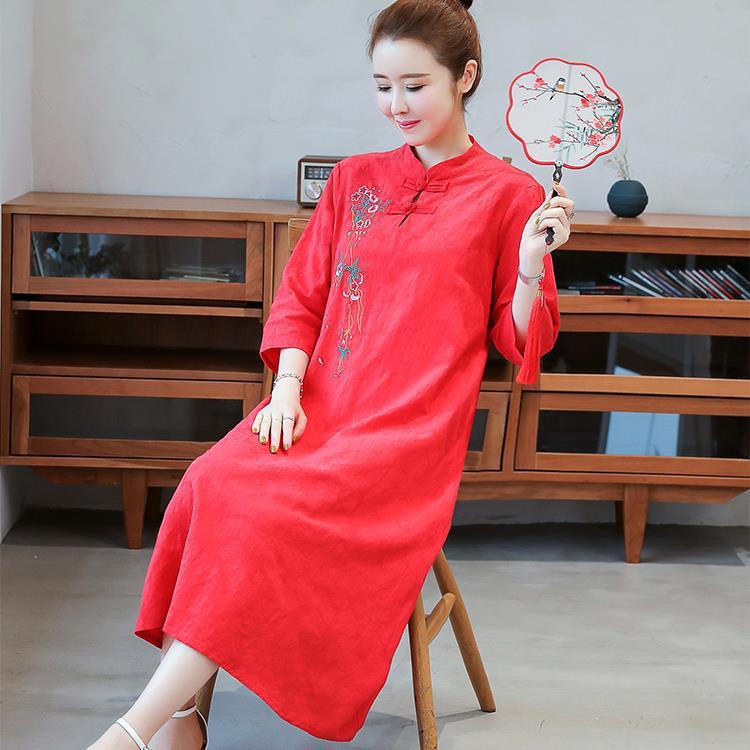đầm nữ cỡ lớn mới mùa hè dành cho các quý cô, đầm dài vừa phải thêu họa tiết truyền thống bằng vải cotton-linen