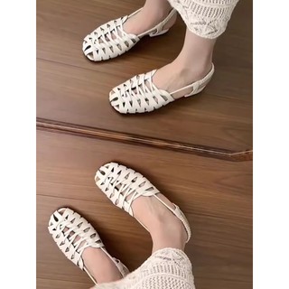 Giày Sandal Dệt Ngón Chân Nữ Rỗng Thấp Gót Lồng Lợn Giày Dây Đeo Bằng Đi Lại Tất Cả Trận Đấu Giày La Mã