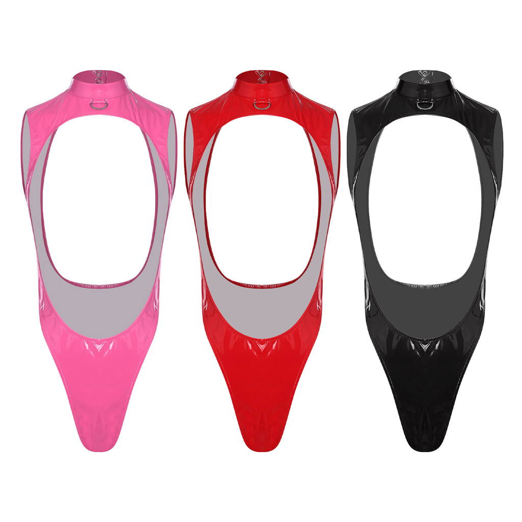 Nyeemya Nữ Da PU Bóng Body Mock Cổ Wit Kim Loại Chữ D Mở Mặt Trước Không Lưng Cao Cắt Leotard Áo liền quần Đồ Bơi Cho Hộp Đêm Rave Đảng