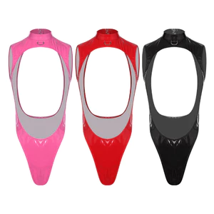 Nyeemya Nữ Da PU Bóng Body Mock Cổ Wit Kim Loại Chữ D Mở Mặt Trước Không Lưng Cao Cắt Leotard Áo liền quần Đồ Bơi Cho Hộp Đêm Rave Đảng