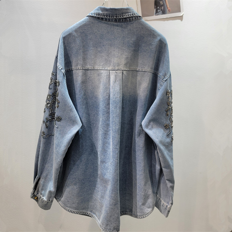 Mùa Xuân 2026 - Áo Sơ Mi Denim Đính Hạt Kim Cương Rời