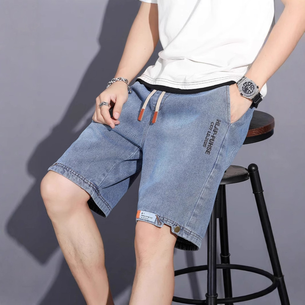 Quần short nam denim mỏng mùa hè, dáng rời retro, thêu nhãn, phong cách thời trang