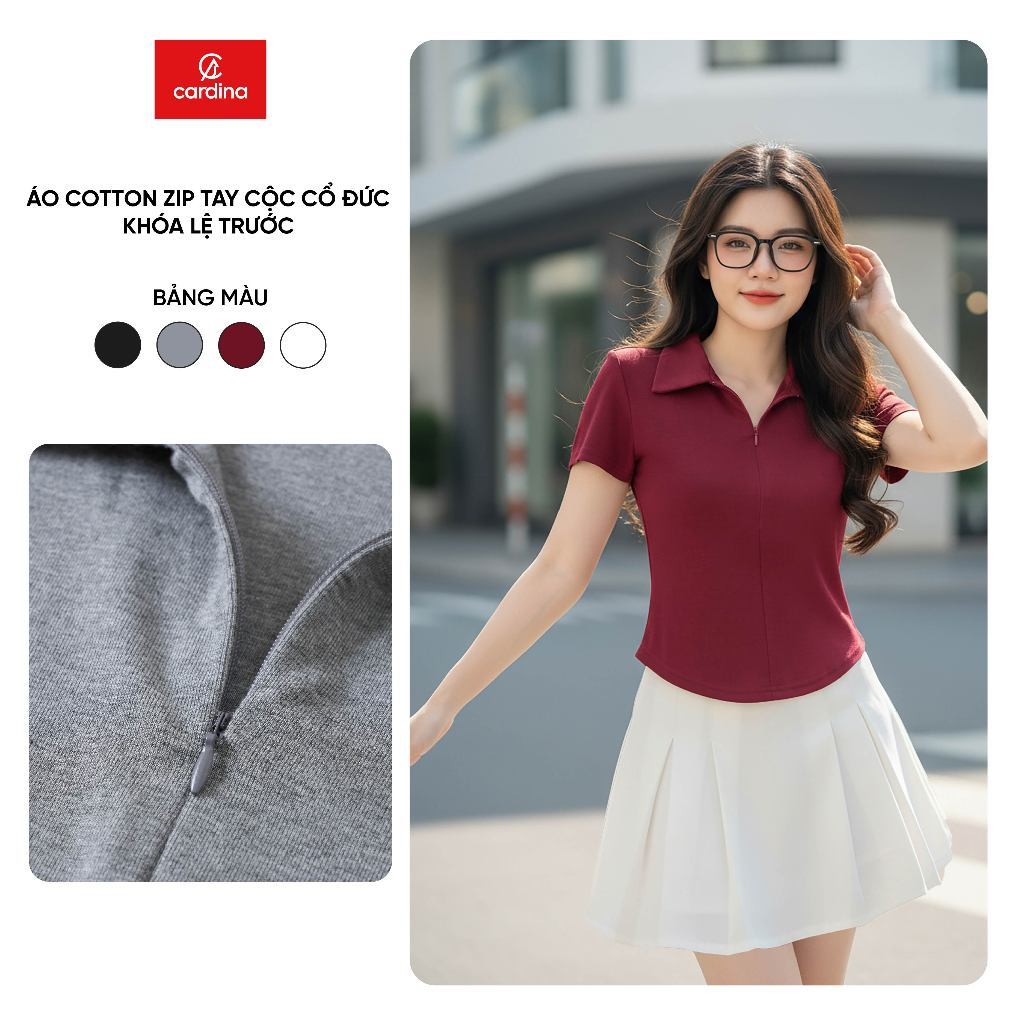 Áo thun nữ CARDINA chất cotton Zip tay cộc cổ Đức khóa lệ basic dễ mặc 6APC06