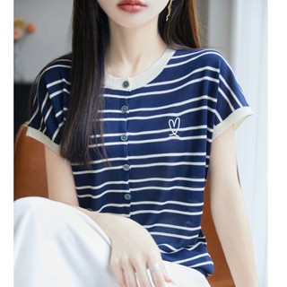 Áo len cổ tròn tay ngắn nữ, thiết kế sọc đơn giản, thời trang mùa hè