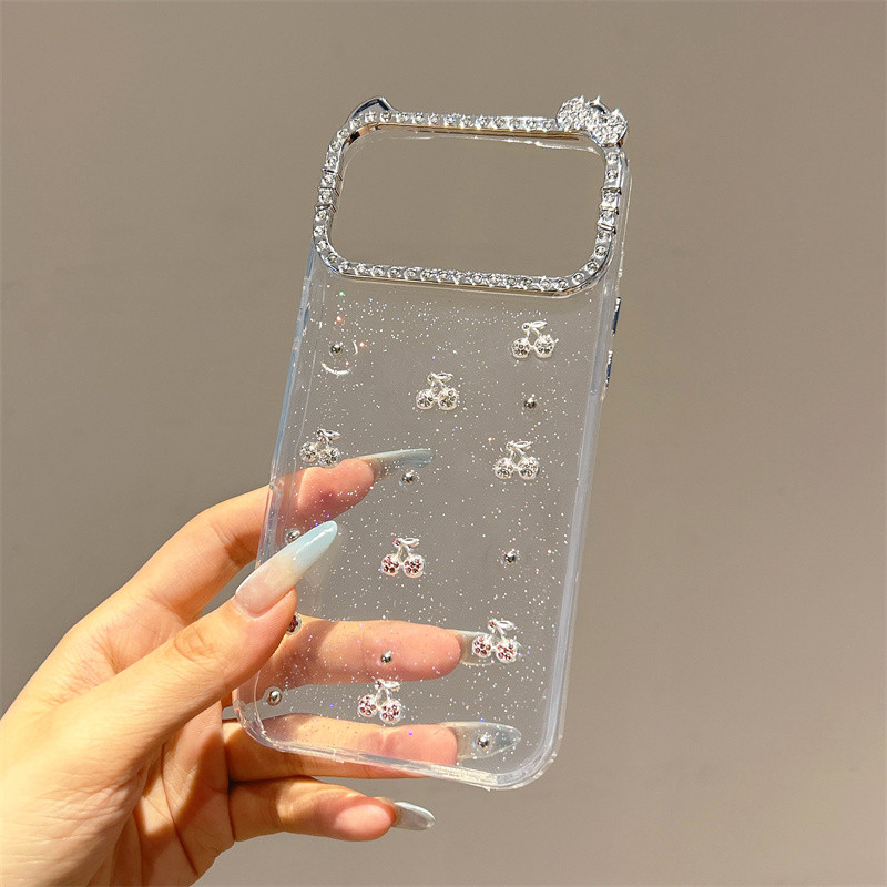 Ốp điện thoại anh đào tai mèo kim cương lấp lánh cho iPhone 17 Pro Max 17 16 15 14 13 12 11 Vỏ điện thoại chống rơi