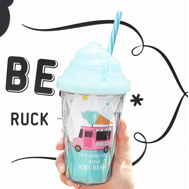 Trẻ Em Cốc Nước Nữ Kem Nắp Kim Cương Hai Lớp Cốc Nước Mùa Hè Cô Gái Cốc Sáng Tạo Ống Hút Nước Hộ Gia Đình