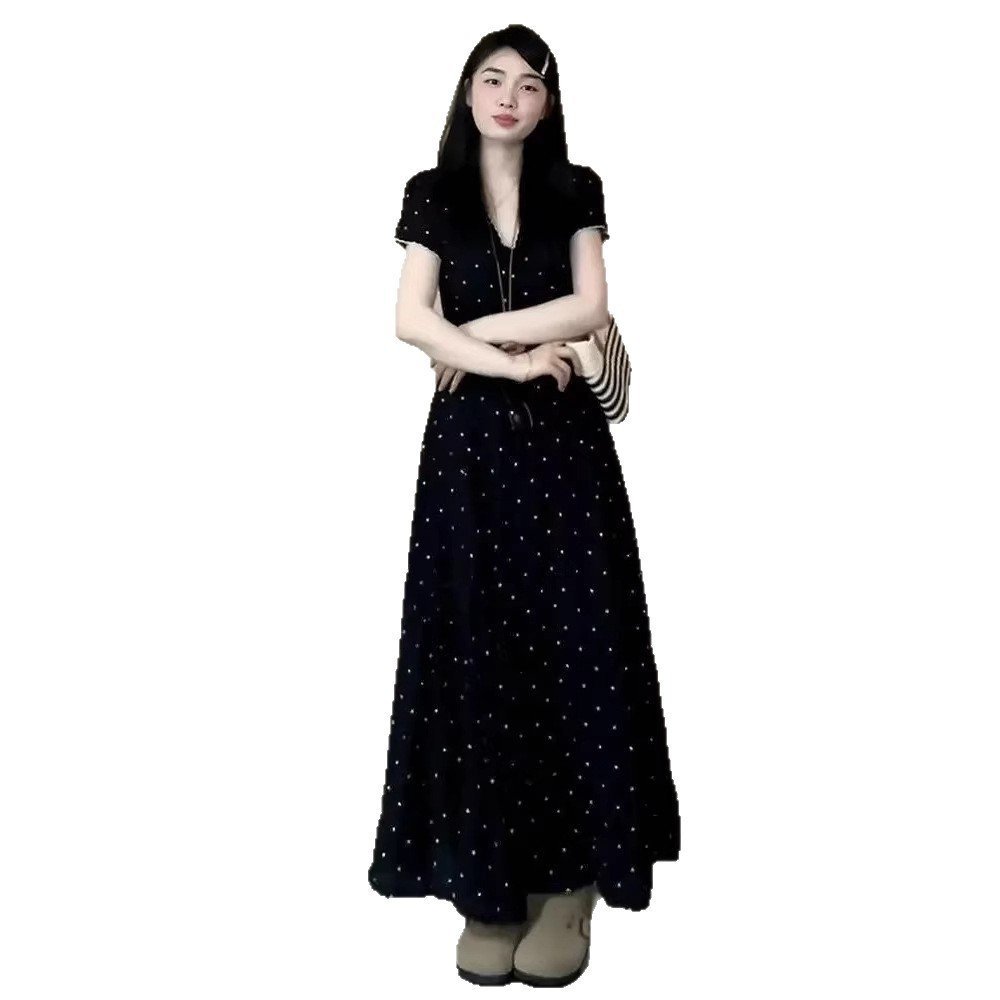 <![Giảm giá 10%] Đầm rộng hẹp cổ chữ V chấm bi phong cách phương Tây, phù hợp plus size, giúp body hình quả lê nhìn gọn gàng hơn