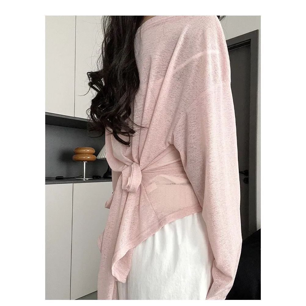 áo lưới dài tay Áo phông thoáng mát mùa hè, dây thắt eo, dáng slim-fit