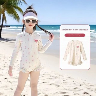 Đồ bơi liền thân cho bé gái - áo tắm tay dài chống nắng nhanh khô viền bèo dễ thương đi biển