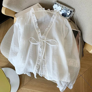 Voan Rời Cardigan Ngọt Ngào Chống Nắng Áo Sơ Mi Ren-Up Nơ Hàng Ngày Màu Trơn Nữ Mùa Hè Mỏng Nhỏ Phối Ren Hàng Đầu