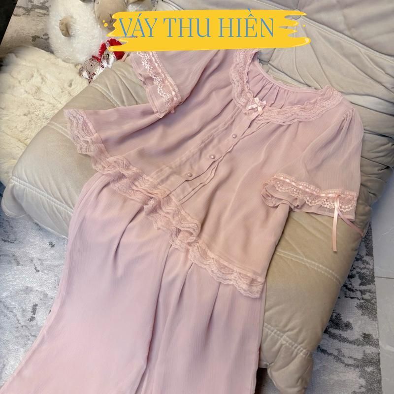 N610- Pijama Cộc Dài voan phối cúc ngọc kiểu dáng tay thắt nơ điệu cho nữ - Bộ ngủ mặc nhà hàng quảng châu cao cấp